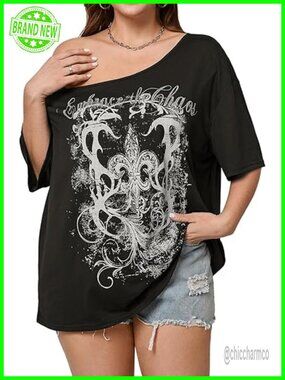Plus Size Off The Shoulder Graphic Tee Y2K Oversized T Shirt